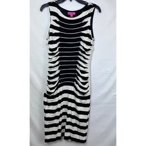 Betsey Johnson Women 10 Black/White Striped Colorblock Ruched Bodycon Slip Dress